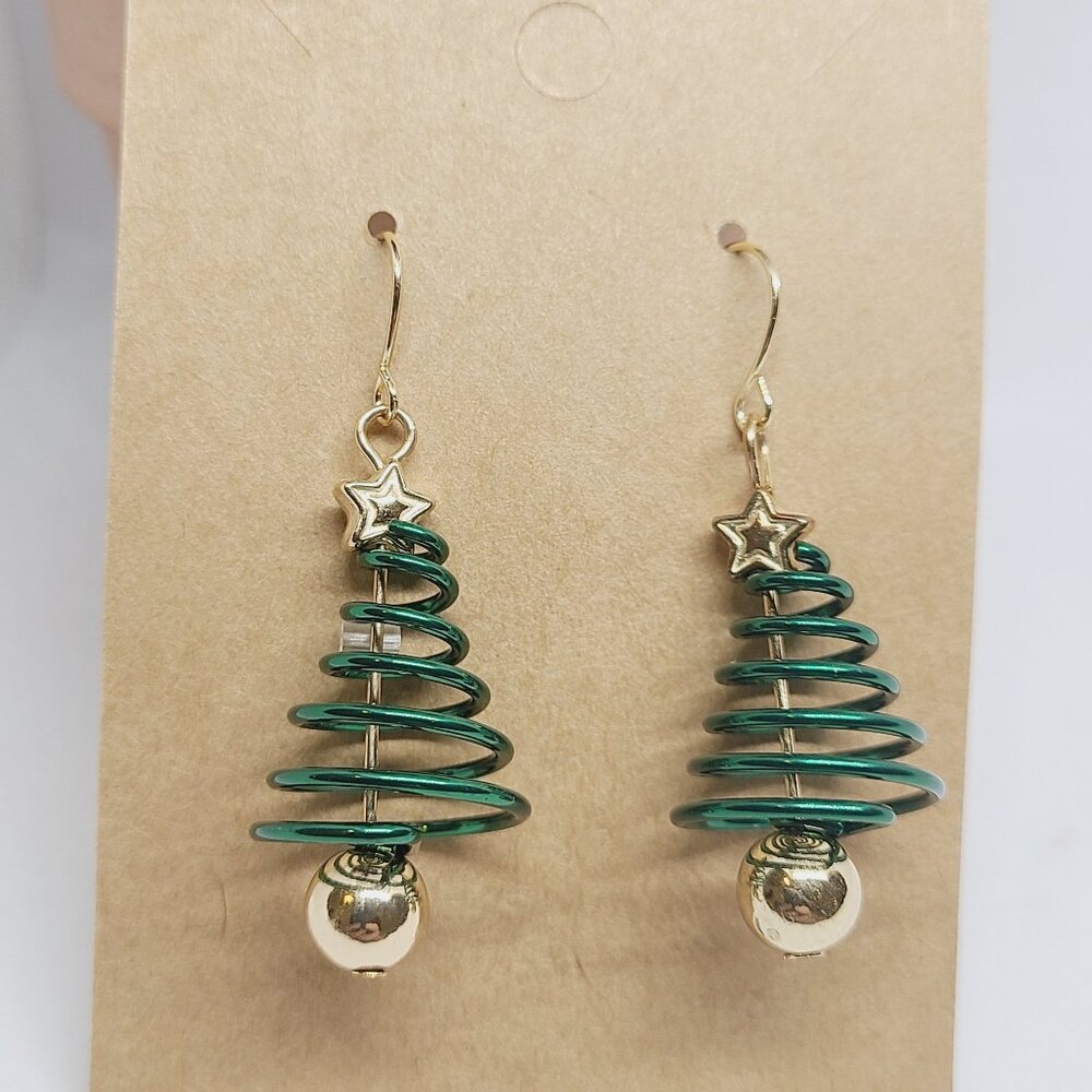 Unbranded‎ Dark Green & Gold Tone Christmas Tree Dangle Drop Earrings Women NWOT